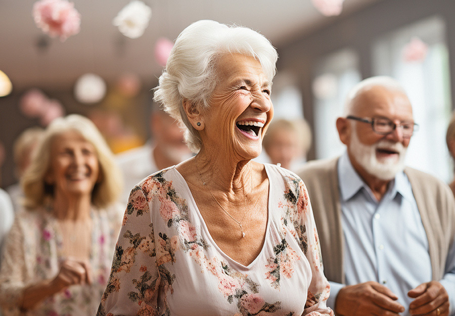 Group of senior residents laughing and socializing in a community living space.