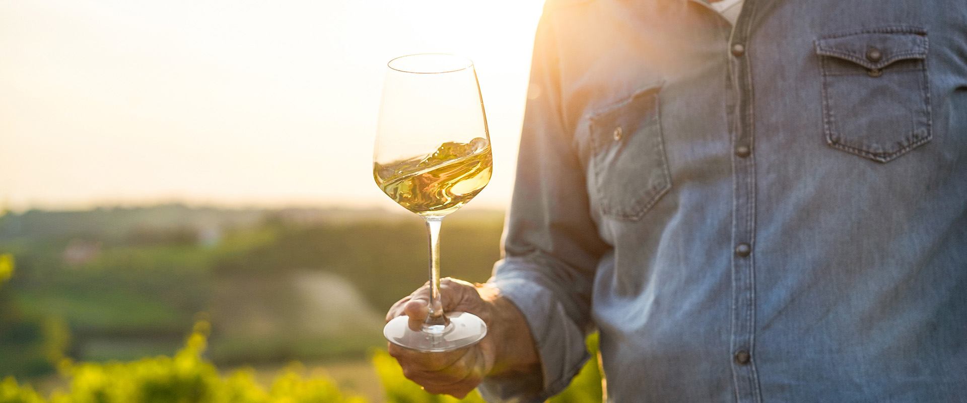 Man holding wine glass during sunset